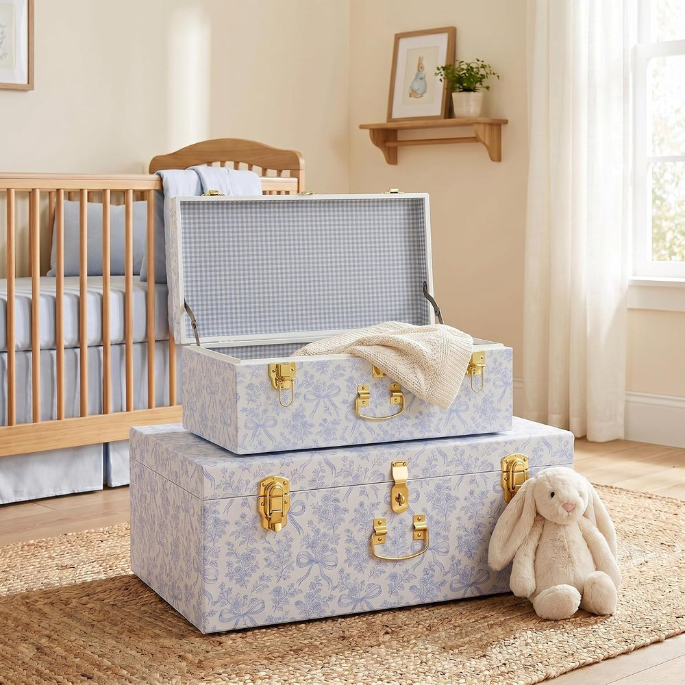 Rool Floral Decorative Storage Trunk Set of 2, Blue Metal Keepsake Trunks