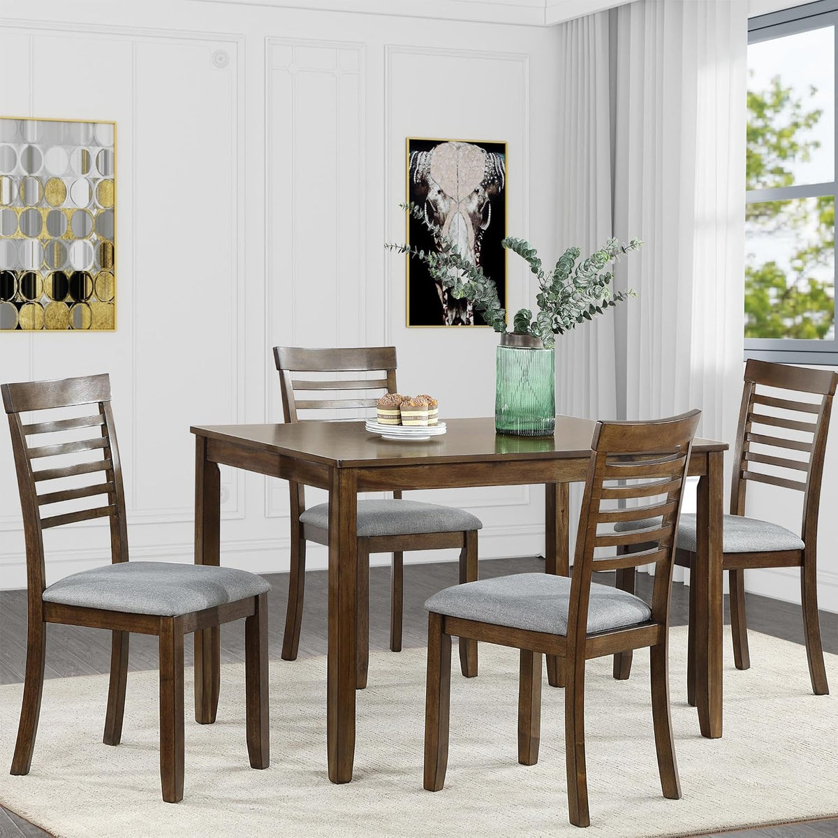 RuiSiSi Farmhouse 5 Piece Dining Table Set, Rectangular Kitchen Table with 4 Upholstered Chairs, Rustic 5 Piece Dining Table Set for Living Room, Wood Dinette Table Set with Chairs for 4, Walnut