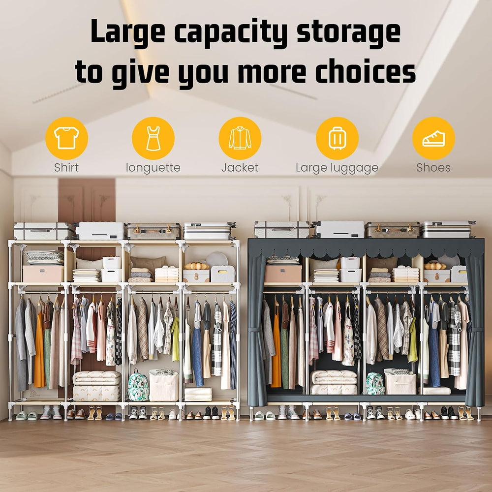 Large Portable Armoire Wardrobe Closet with 4 Hanging Rods and Lockers,Metal ...