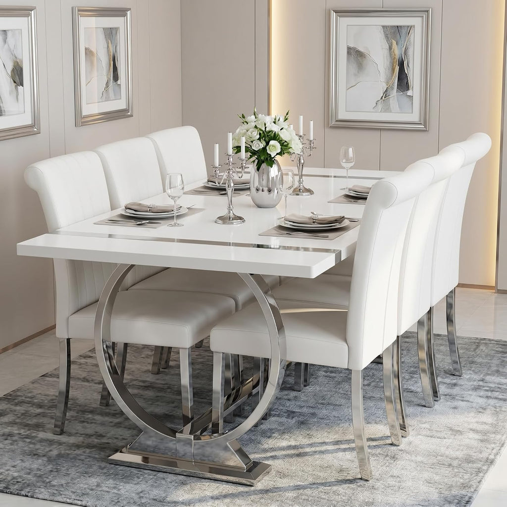 ACEDÉCOR White Faux Leather Dining Chairs Set of 2 with Silver Metal Legs