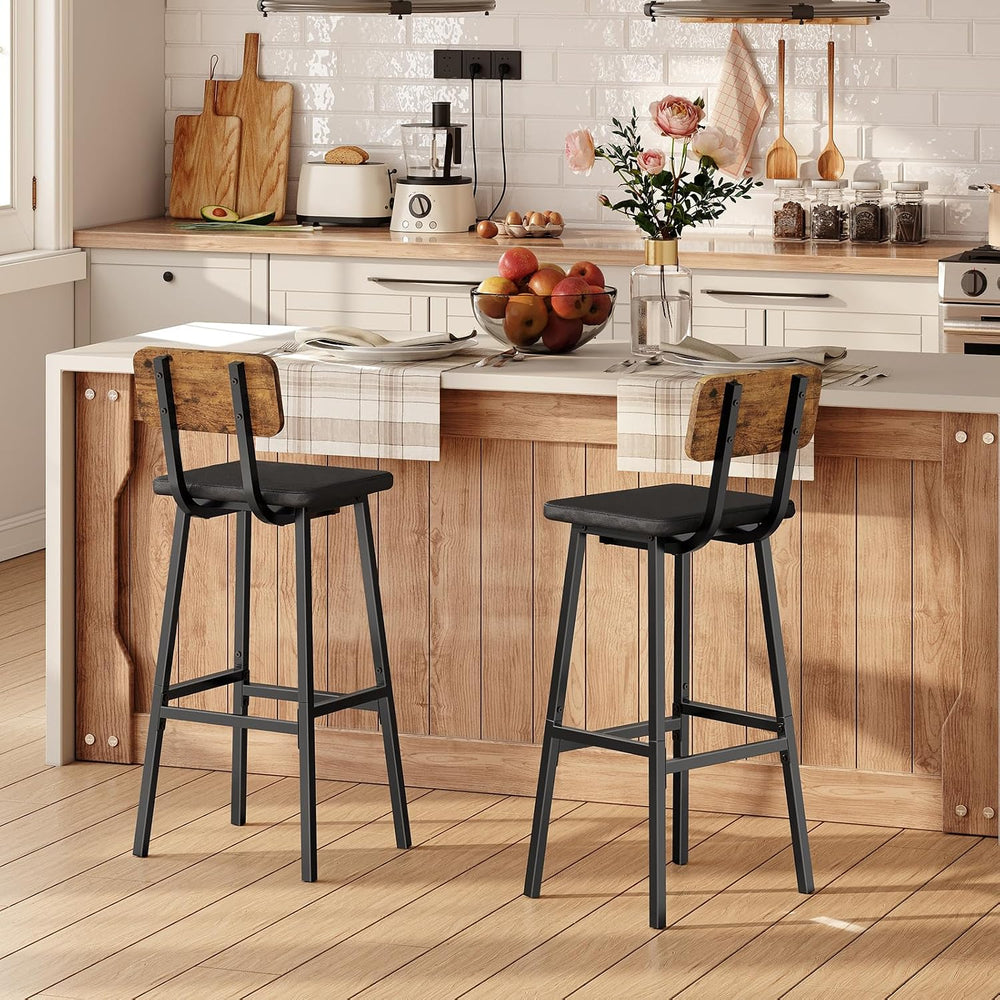 HOOBRO Black Bar Stools, Set of 2 PU Upholstered Tall Bar Stools, Kitchen Bre...