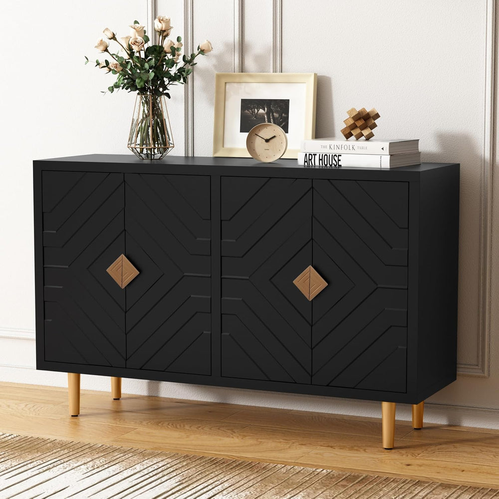 HLR 48'' Modern Sideboard Buffet Storage Cabinet with 4 Doors, Black