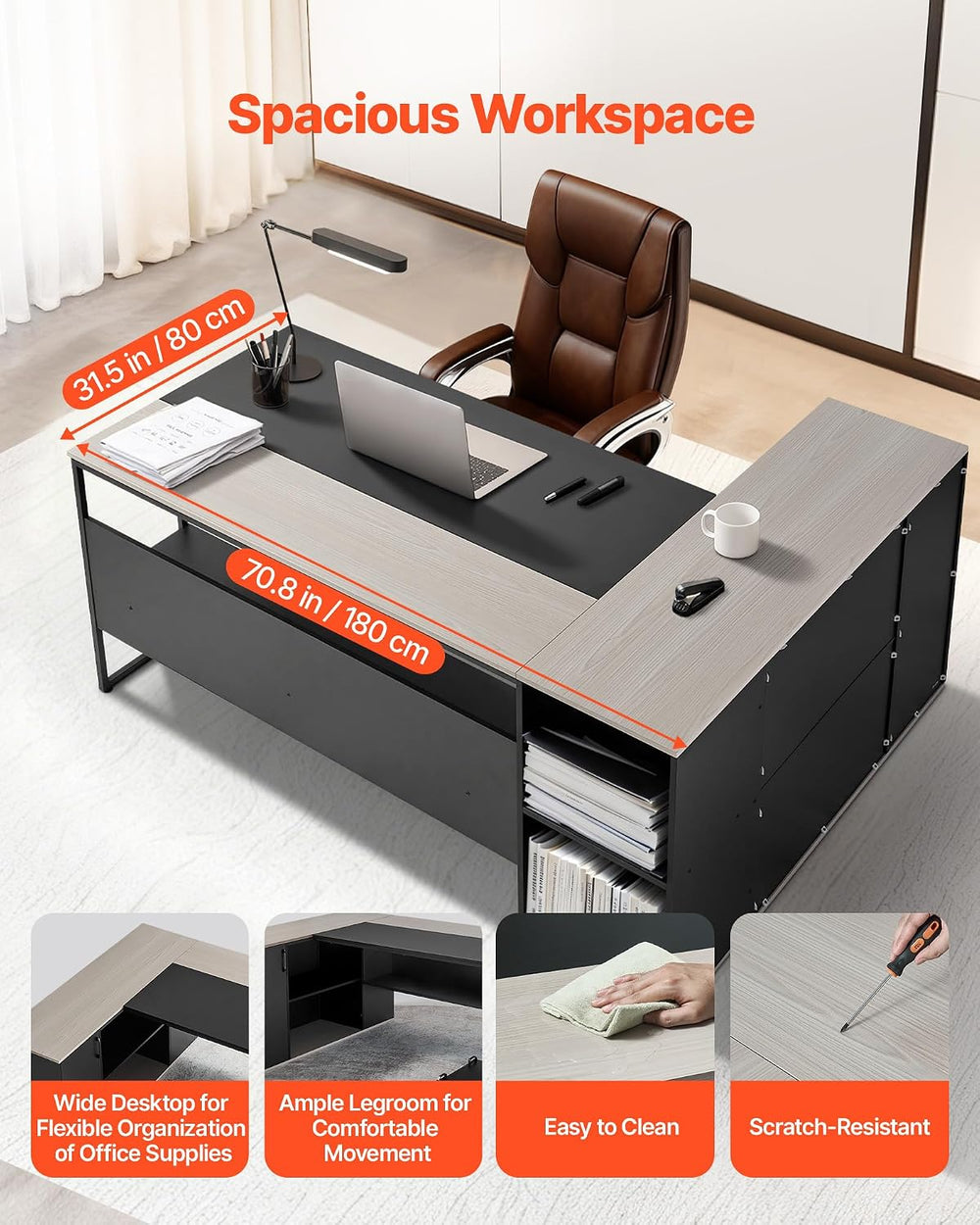 VEVOR 71" L-Shaped Executive Desk, Large Computer Desk with Drawers, Fil...