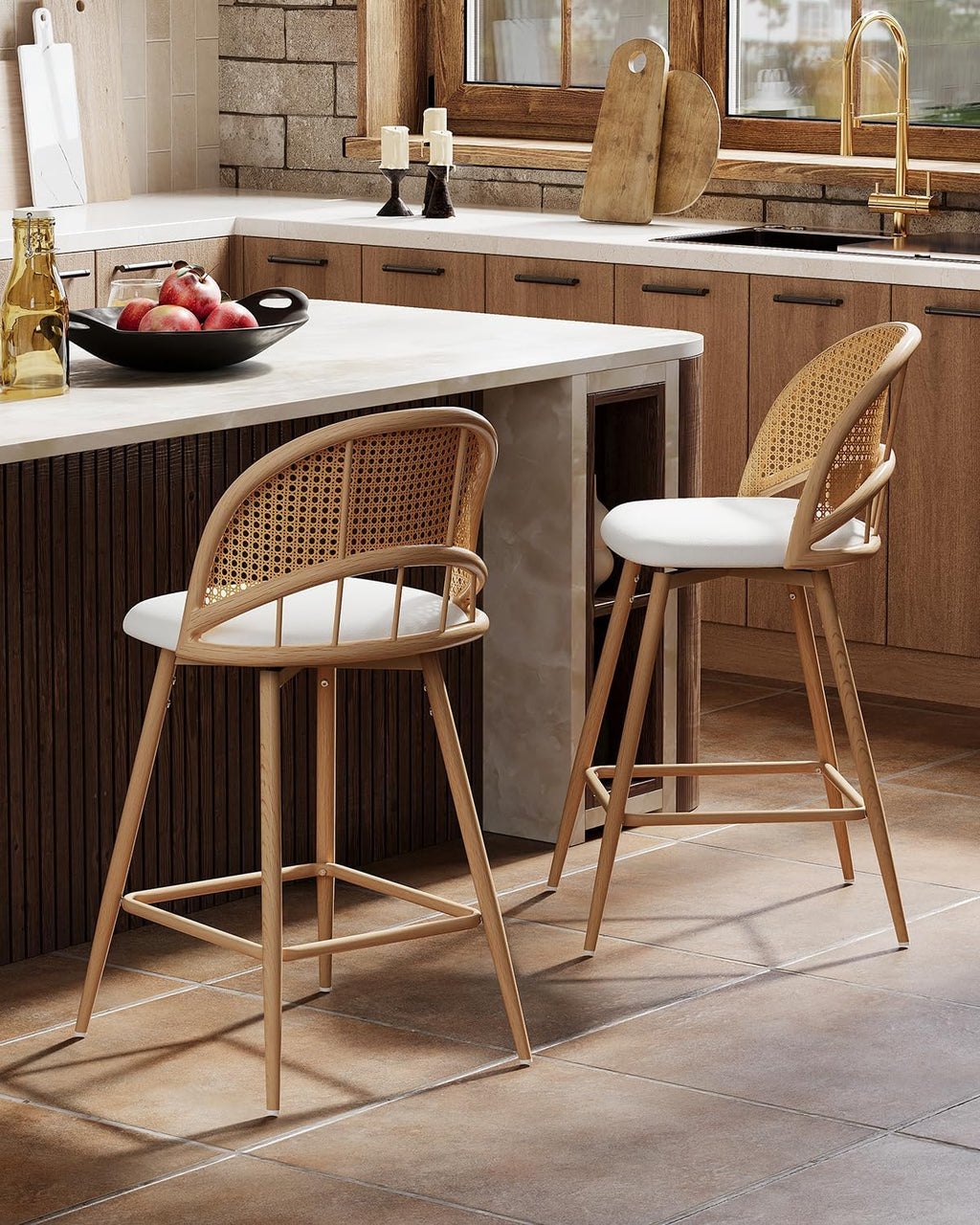 26'' Bar Stools Set of 2, Rattan Counter Height Swivel Stools for Kitchen