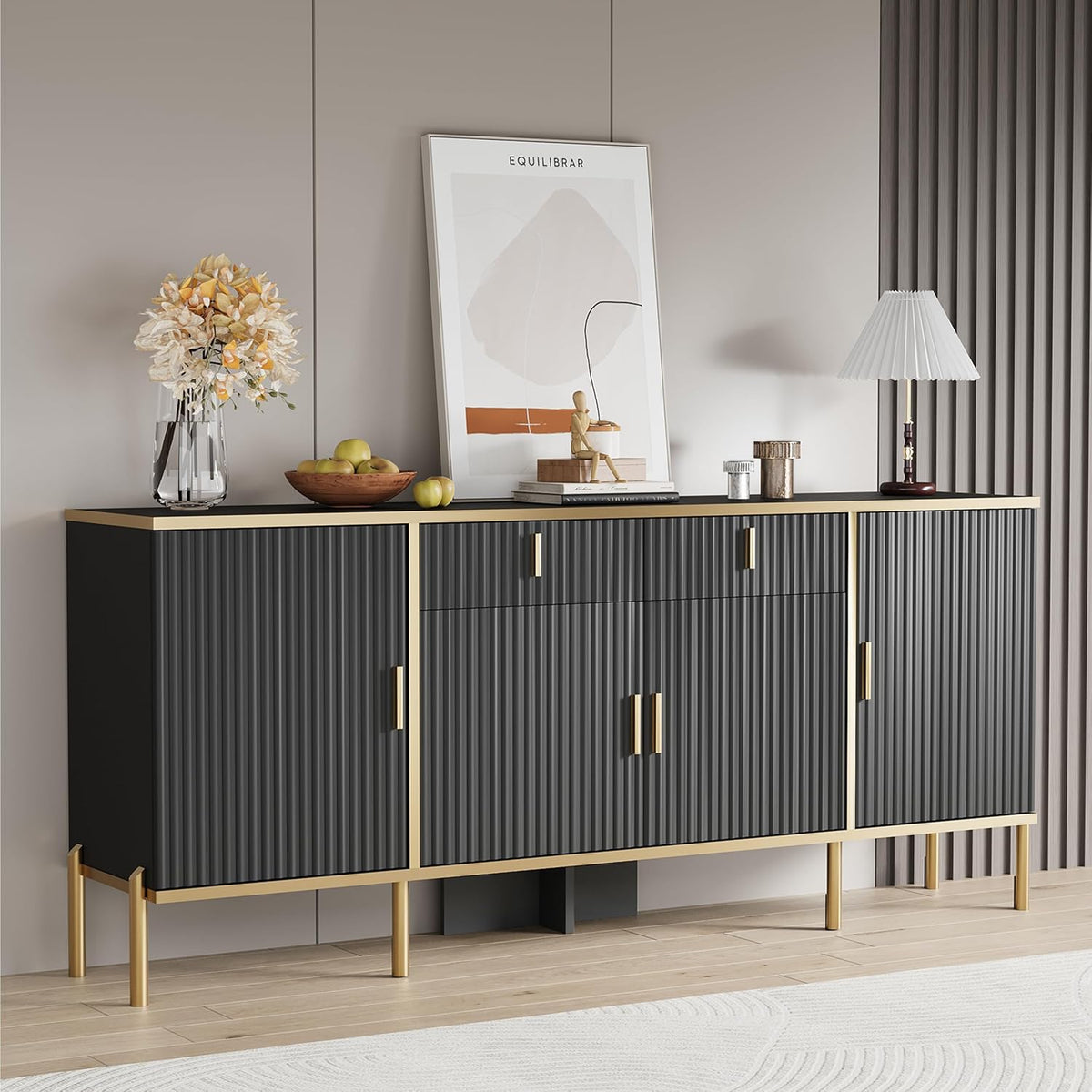 60" Fluted Buffet Cabinet with Storage, Modern Buffets & Sideboard with 2 Drawers, 4 Doors and Adjustable Shelves, Accent Cabinet for Kitchen, Black