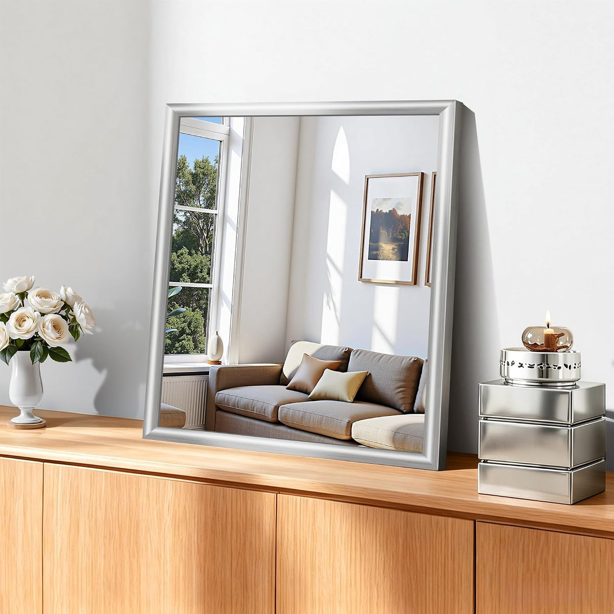 20x24 Inch Brushed Silver Bathroom Mirror, Raised Metal Framed Bathroom Vanity Mirror for Over Sink, Anti-Rust, Shatterproof Rectangle Wall Mirror, Hangs Horizontally or Vertically