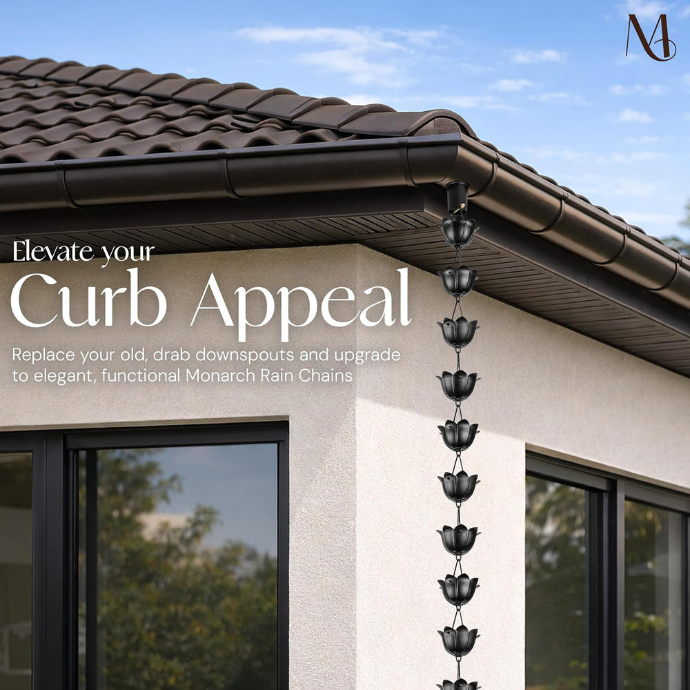 Monarch Rain Chains Aluminum Lotus Black Rain Chains for Gutters – 8.5 ft Bla...