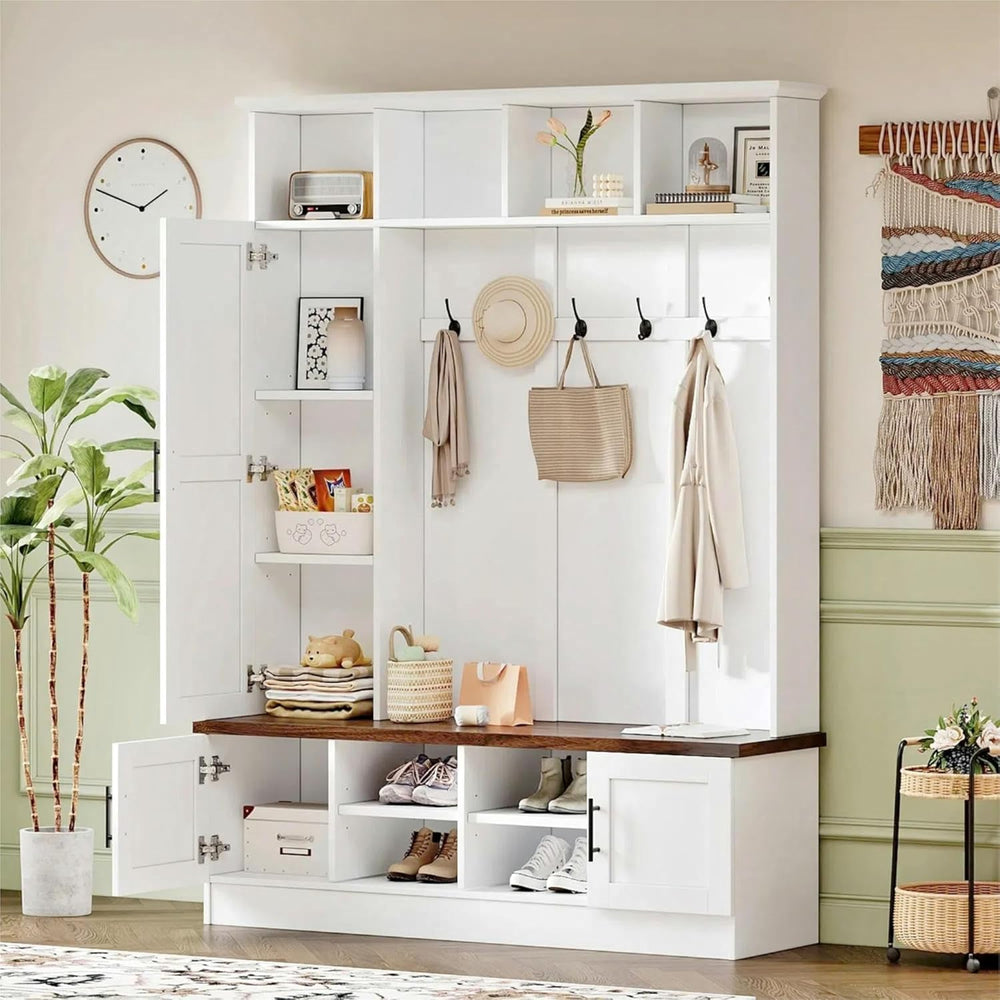 Merax Farmhouse Wood Hall Tree with 6 Hooks and Shoe Bench, Mudroom Versatile...