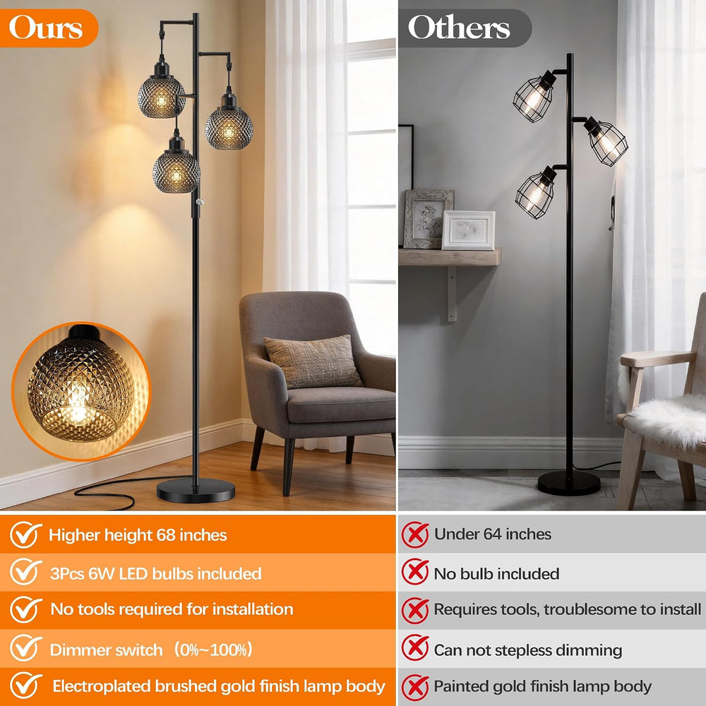 QiMH Modern Glass Floor Lamps for Living Room, 3 Lights Standing Lamp, Grey