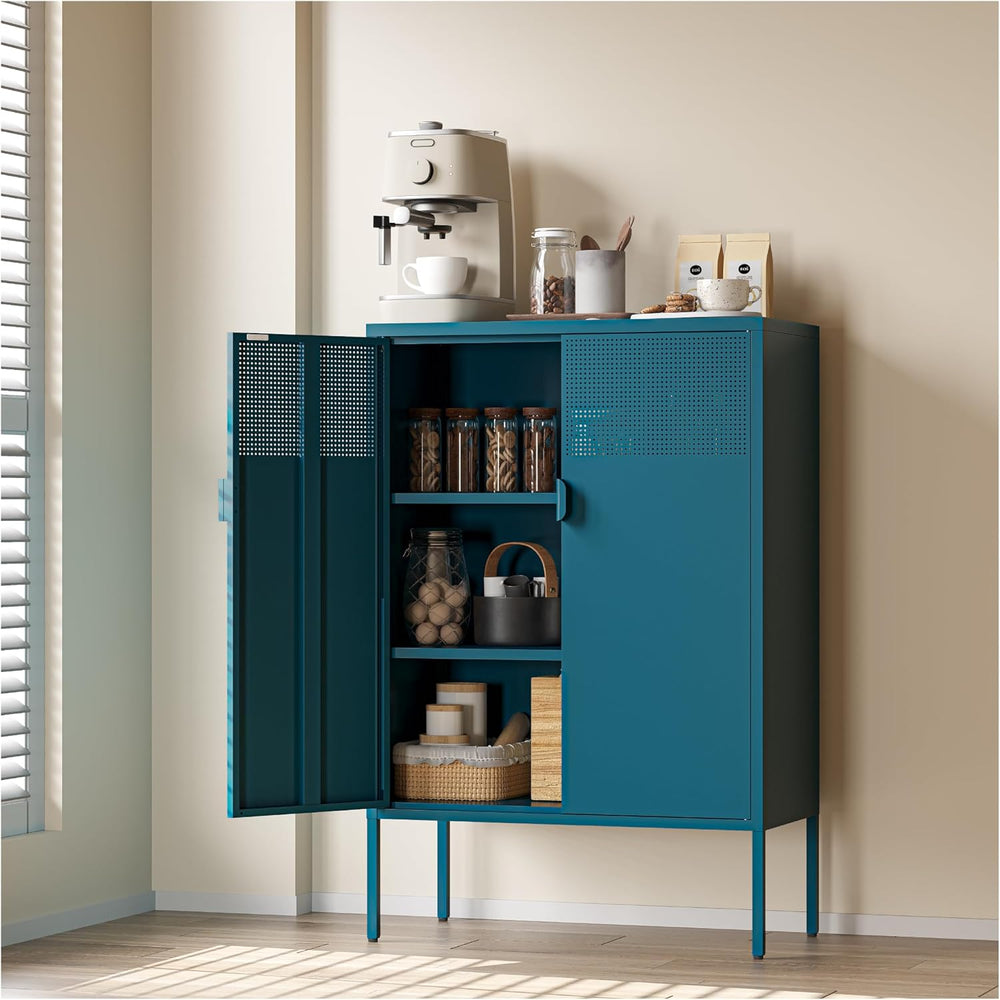 COFaR Peacock Blue Metal Cabinet, 47”H Modern Sideboard with Adjustable Shelv...