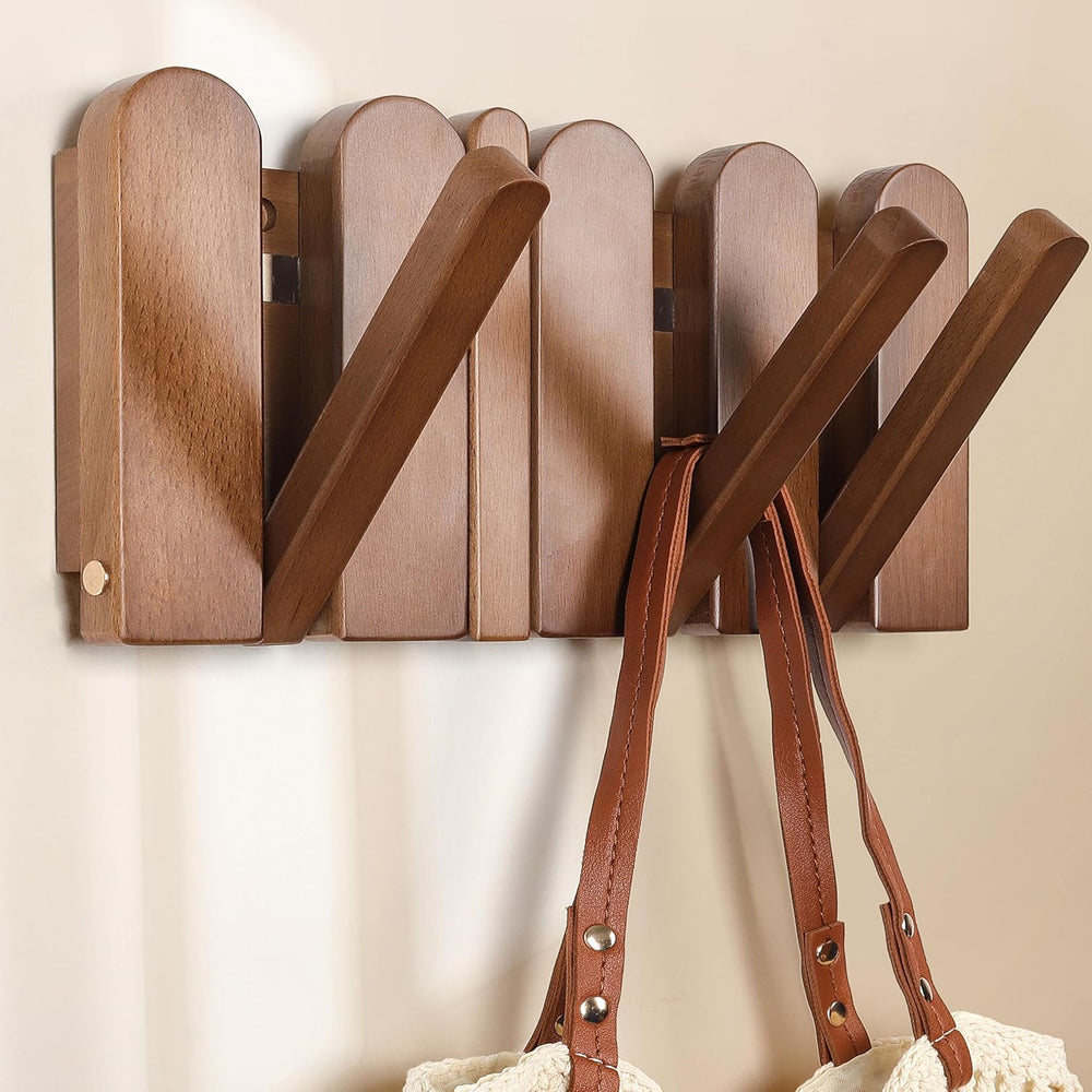 Wall Coat Rack for Entryway: Folding Wood 4 Hooks for Small Space