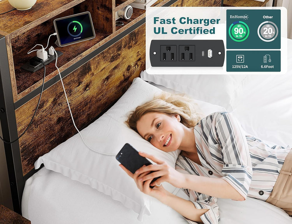 EnHomee Queen Bed Frame with 6 Storage Drawers, Charge Station,Noise-Free
