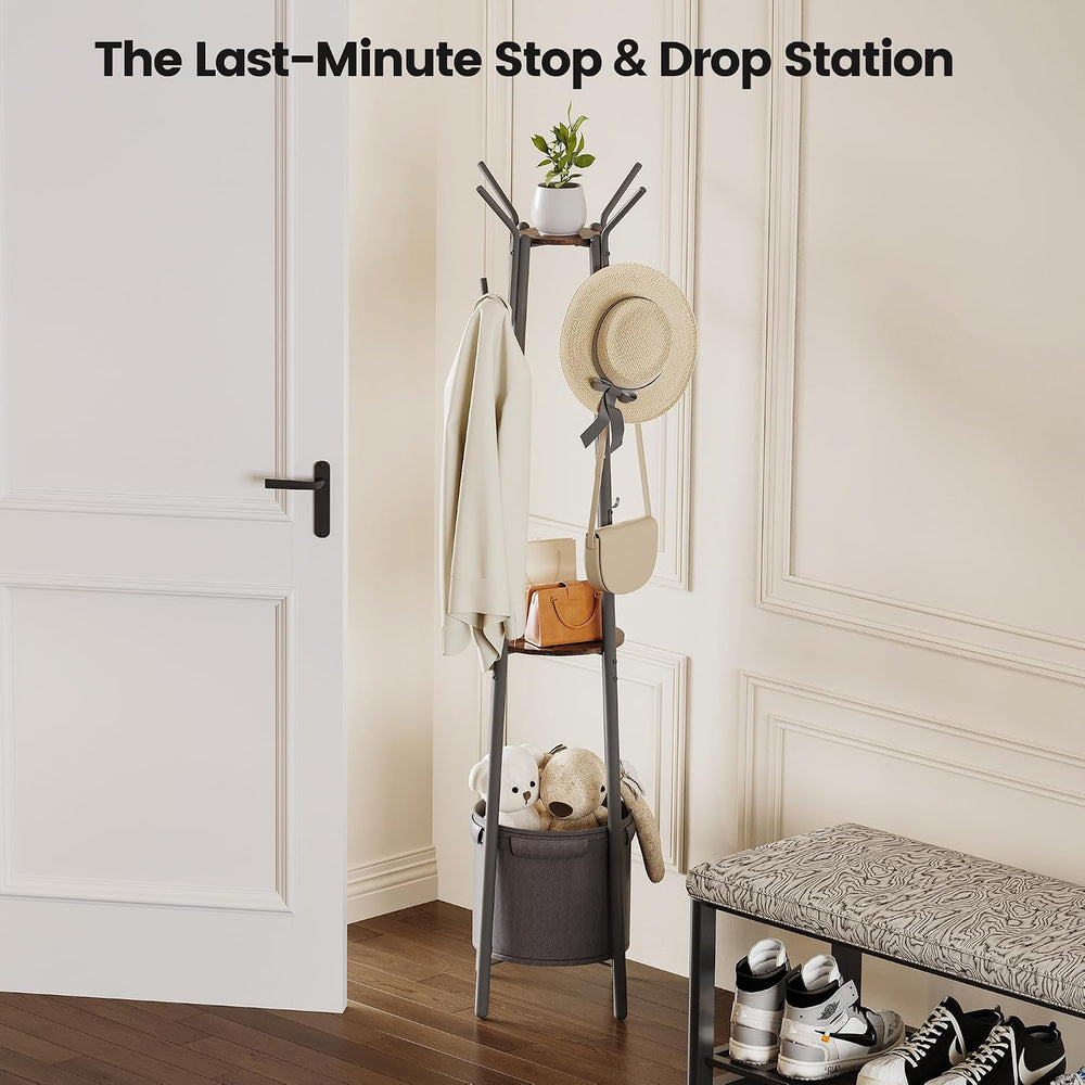 Homeiju Coat Rack with Storage Basket & 12 Hooks, Freestanding Heavy Duty...