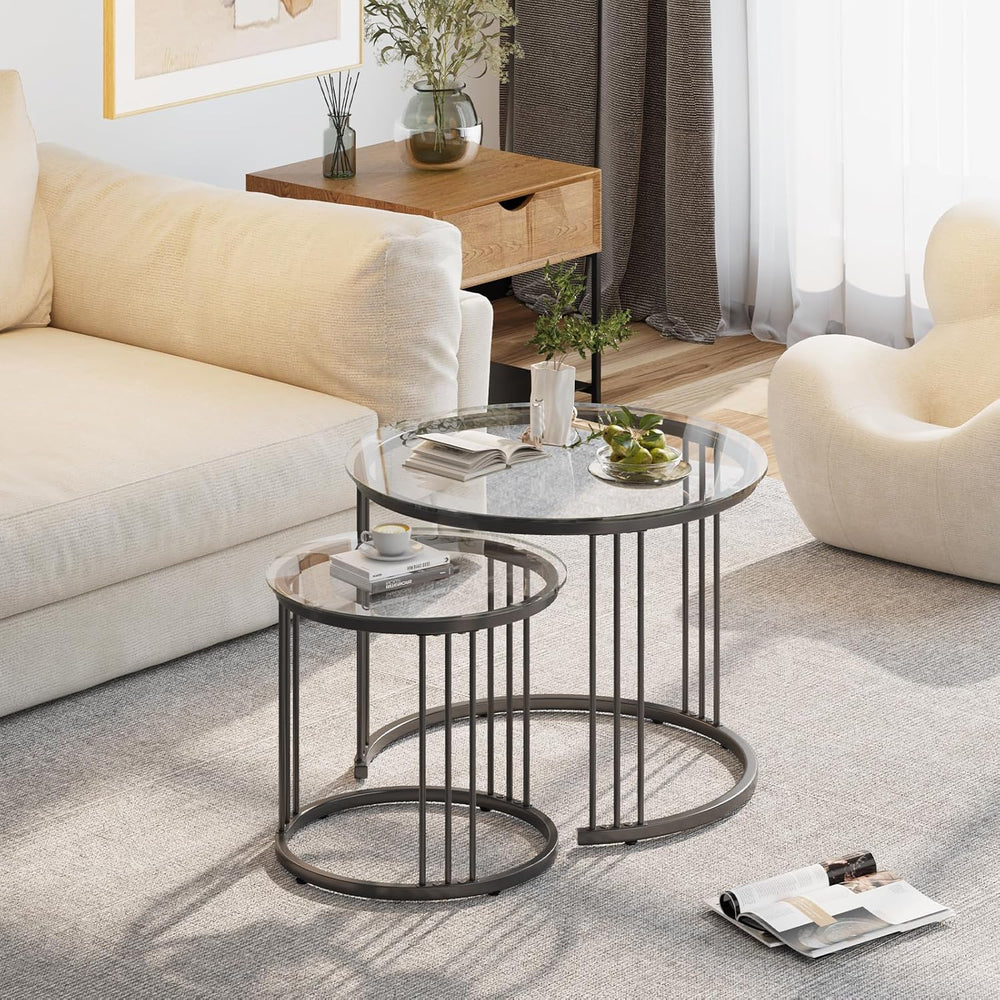Garden 4 you Nesting Coffee Table, 23.6" Round Coffee Table Set of 2, Gl...