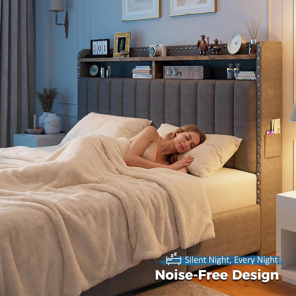 EnHomee Full Bed Frame with 2 Drawers & 2-Tier Storage Headboard Shelf