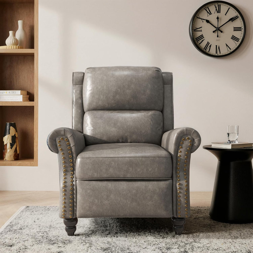 Pushback Recliner Chair, Modern Faux Leather Wingback Recliner, Gray