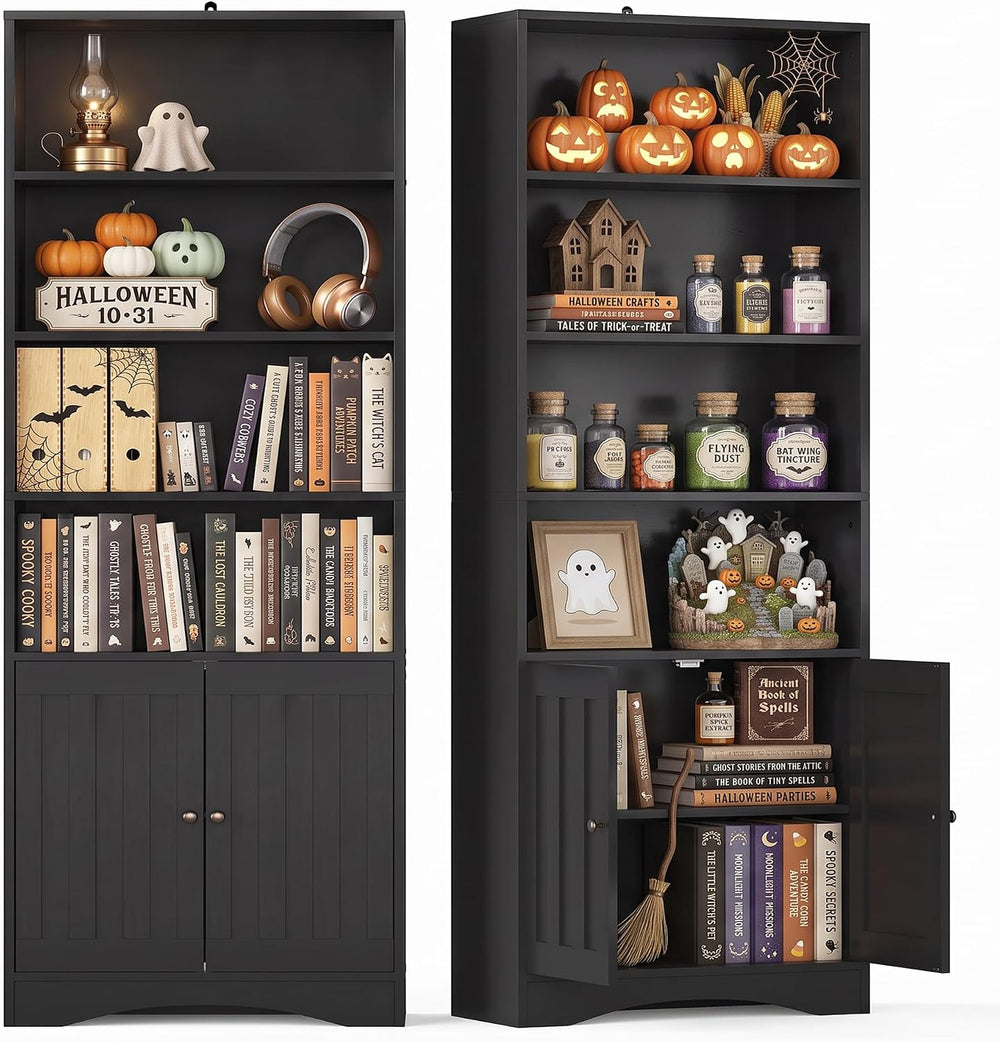 Gizoon 71’’H 6-Shelf Bookcase with Doors, Black Bookcase and Bookshelves