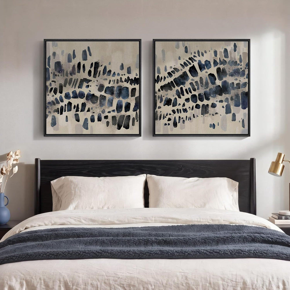 Framed Neutral Navy Blue Abstract Wall Art for Living Room Decor, 2 Piece