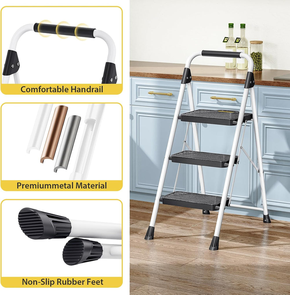 KINGRACK 3 Step Ladder, Folding Step Stool for Home and Kitchen, White