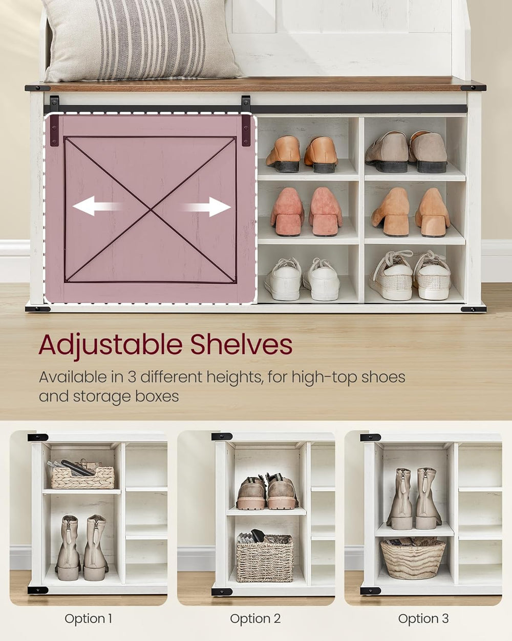 VASAGLE Hall Tree with Bench and Shoe Storage, 6 Tri-Hooks, Sliding Door