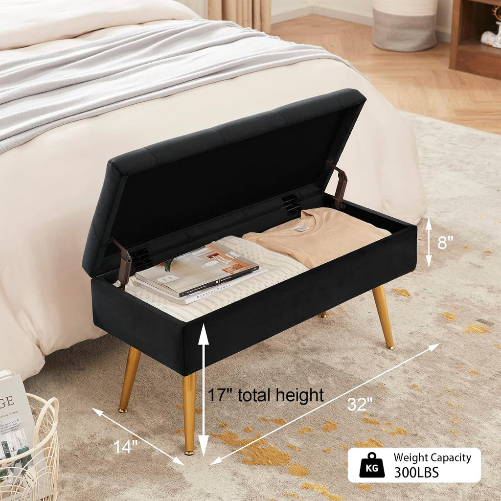 Gitrah Storage Bench Entryway Bench End of Bed Bench Ottoman Upholstered Velvet Bedroom Bench Tufted Bench with Golden Legs 32" Black