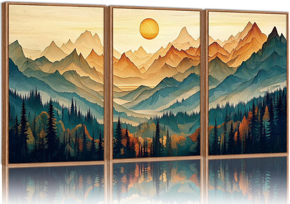 Tinonedraw Large Mountain Framed Canvas Wall Art Set of 3, Boho Nature Forest...