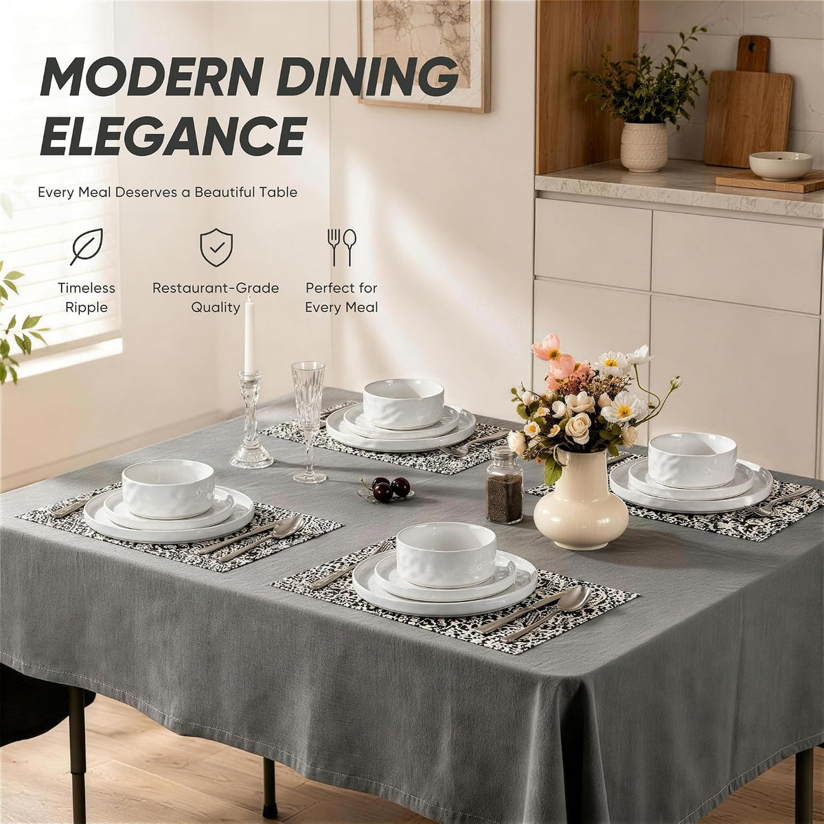 E-far Stoneware Dinnerware Set, 12-Piece White Plates and Bowls Sets for 4