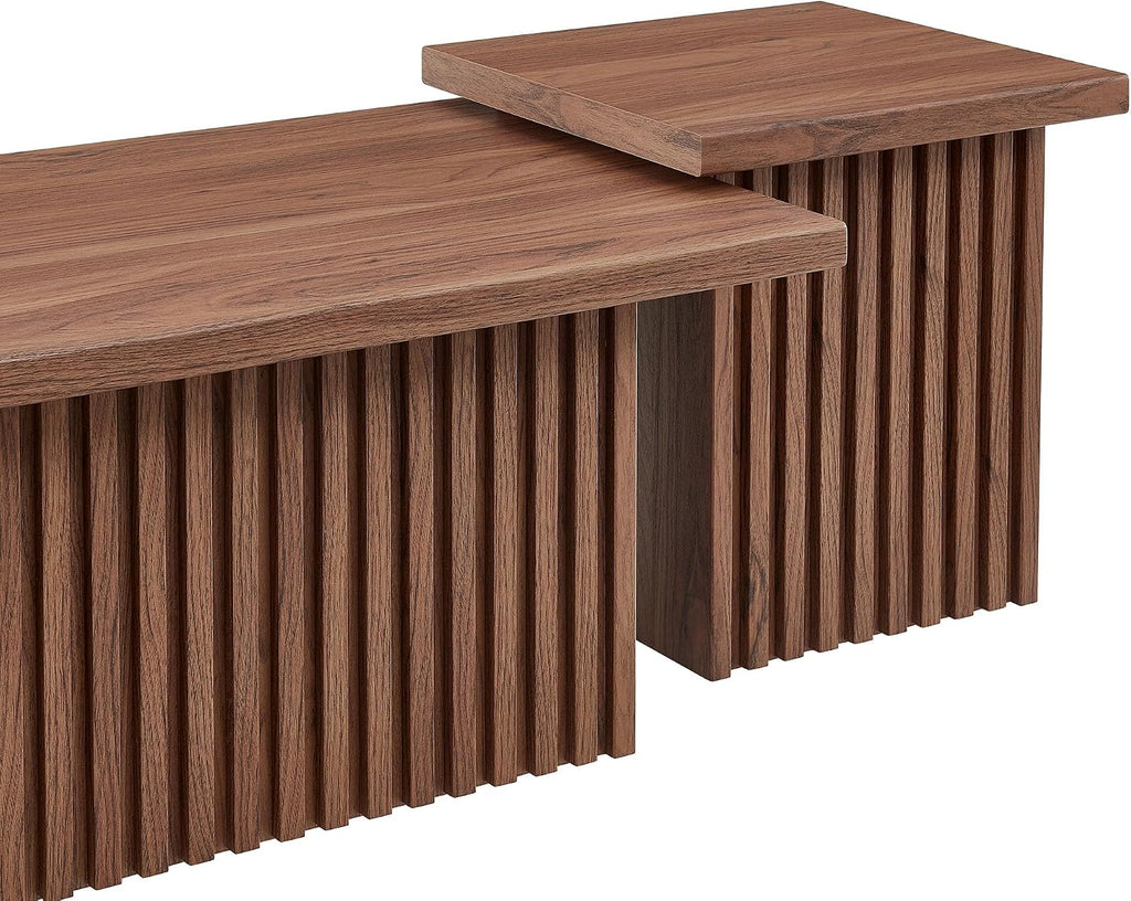 Modway Render Slatted Nesting Coffee Table Set in Walnut - 2 Piece Low Profile Coffee Table Mid Century Modern - Abstract Coffee Tables for Living Room - Nested Accent Tables