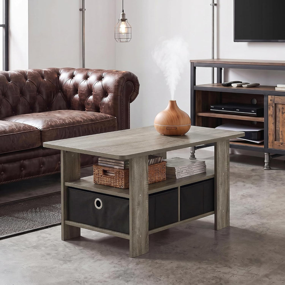 Furinno Andrey Coffee Table with Bin Drawer, French Oak Grey/Black