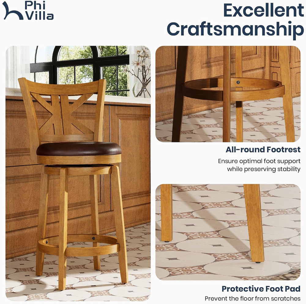 PHI VILLA Swivel Bar Stools Set of 2, 26 Inch Barstools with Backs