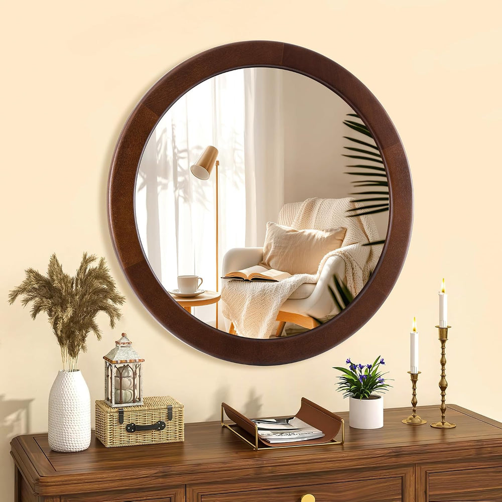 CULER Round Wood Mirror 24 Inch,Circle Mirror with Walnut Frame for Wall