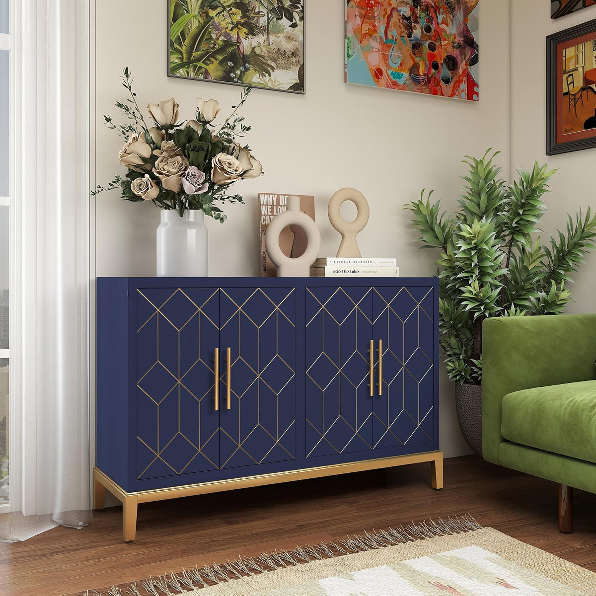 47.8" Storage Accent Cabinet with 4 Doors, Modern Sideboard Buffet Cabinet with Gold Lines, Wood Decorative Credenza with Storage for Living Room, Kitchen, Dining Room, Entryway, Blue