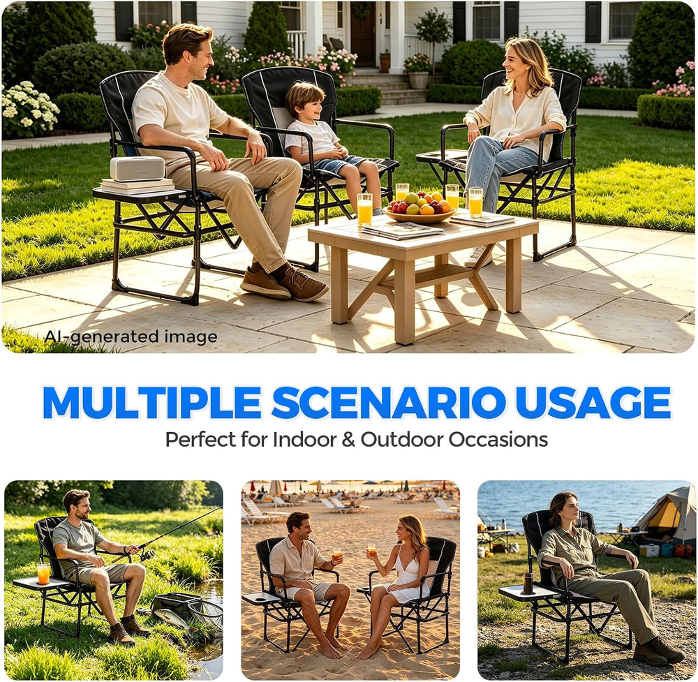 2 Pack Camping Chairs with Side Table & Cup Holder 400 lbs