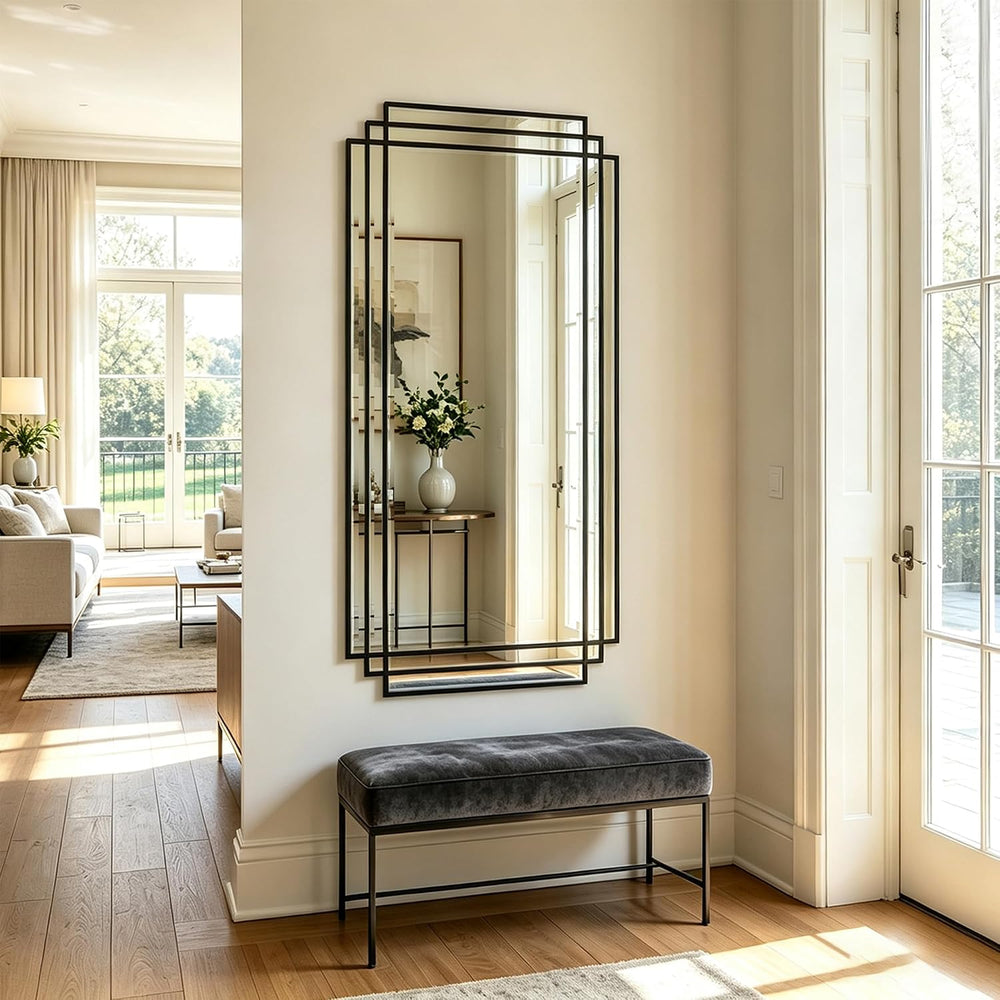 47"x24" Large Rectangle Beveled Mirror with Black Geometric Frame