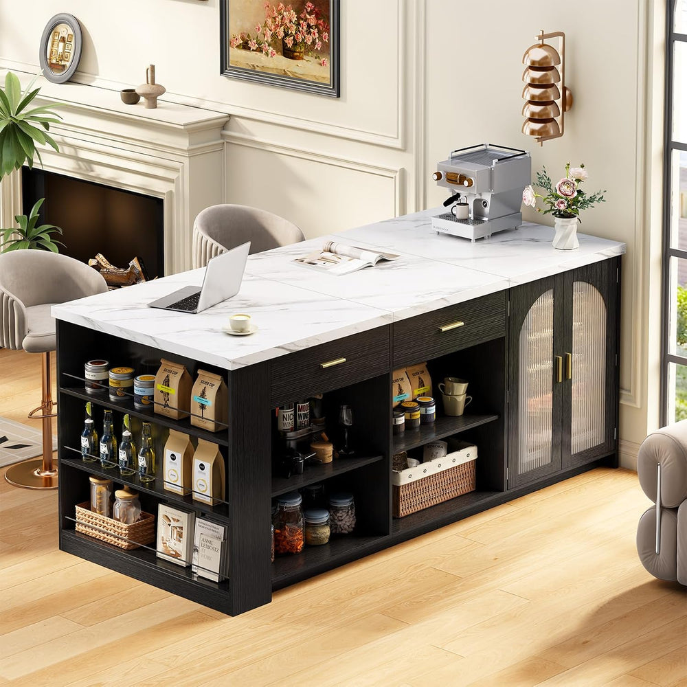 IBF 71" Modern Large Kitchen Island with Storage, White Faux Marble &amp...