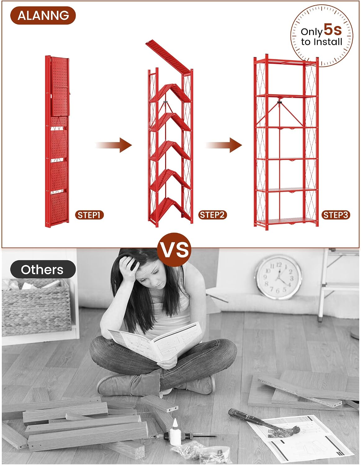 ALANNG 73.6 Inch Folding Bookshelf, 6 Tier Metal Bookcase and Bookshelves