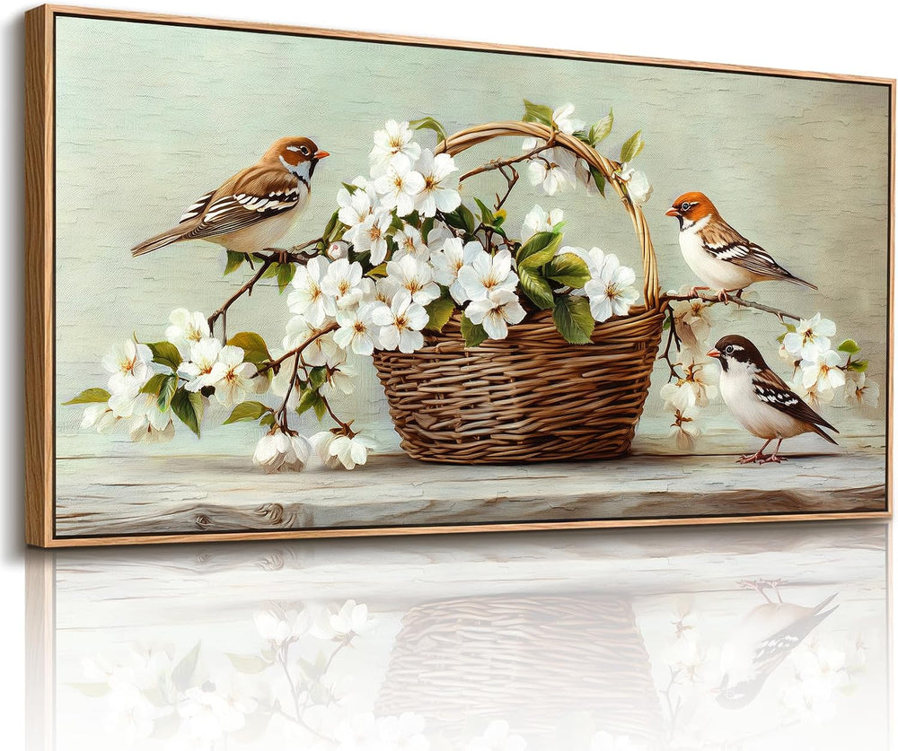 Kinetrix Farmhouse Floral Bird Framed Wall Art Large Flower Decor Neutral