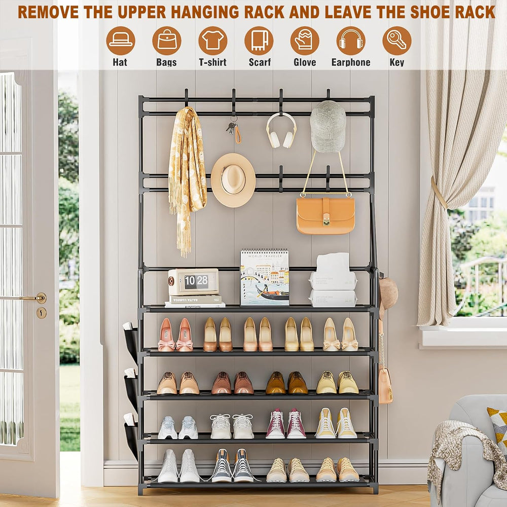 OYREL Shoe Rack, 5 Tier Shoes Storage Organizer with Hooks and Side Pocket