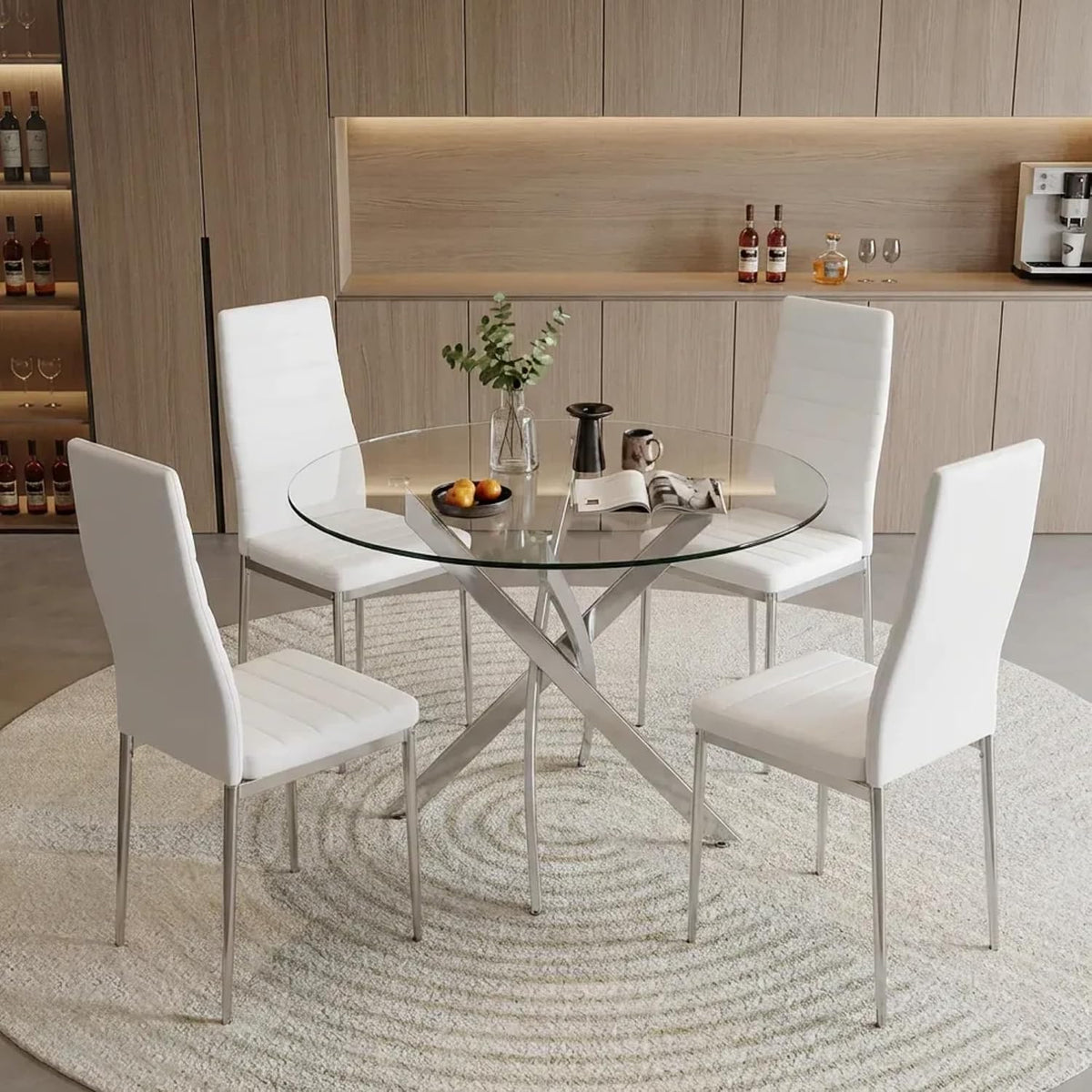 Round Glass Dining Table Set for 4, 35.5'' Tempered Glass Top Kitchen Table with 4 Upholstered Chairs, Space Saving Dinner Table Set for Small Apartment Dining Room, Silver & White