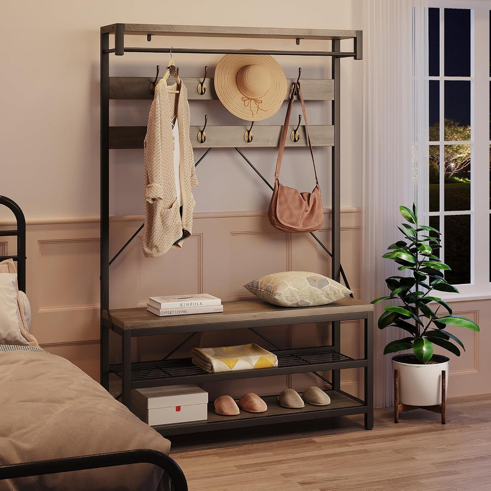 Hall Tree with Bench and Shoe Storage, Entryway Organizer with 8 Hooks
