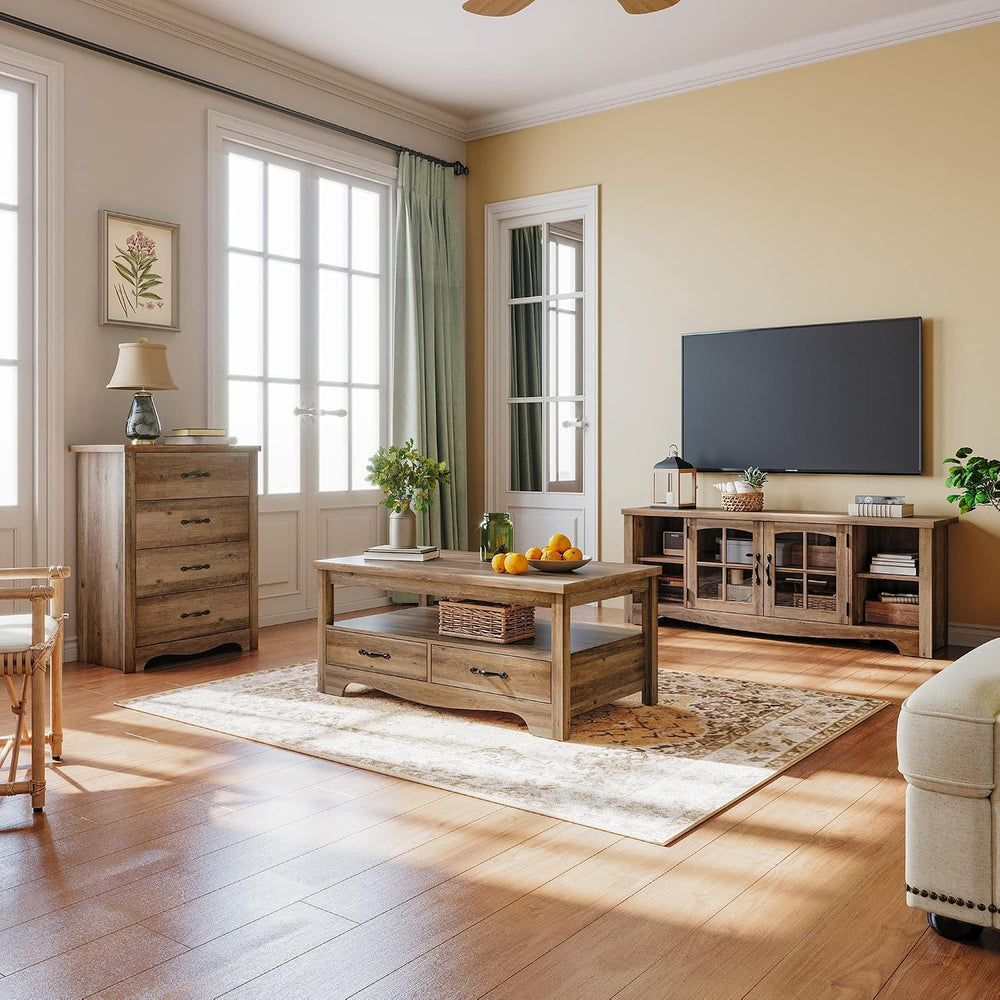 LINSY Farmhouse Coffee Table, Rectangle Coffee Table with Drawers, Rustic Woo...
