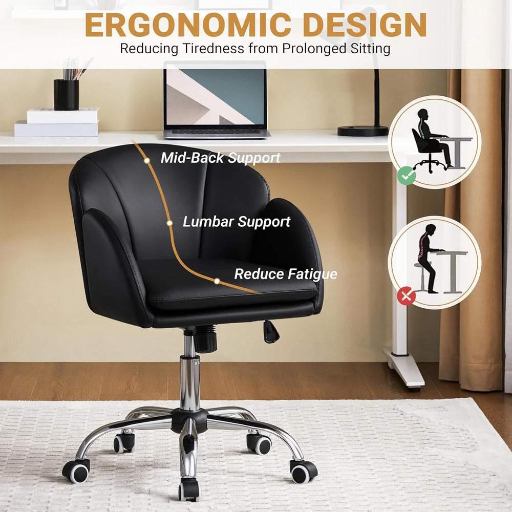 Yaheetech Black Petal Faux Leather Makeup Vanity Desk Chair, Swivel Wheels