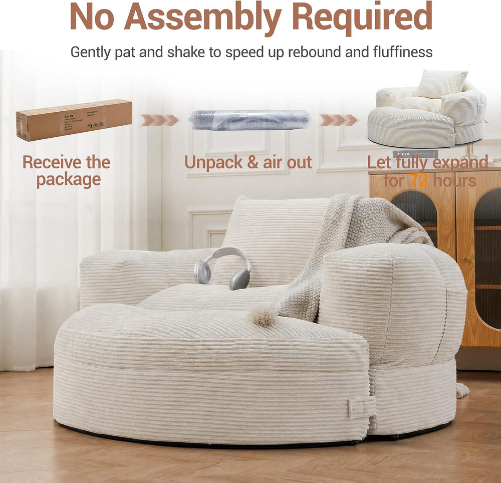 63''Round Chaise Lounge Chair with Footstool,Plush Seating(Beige)