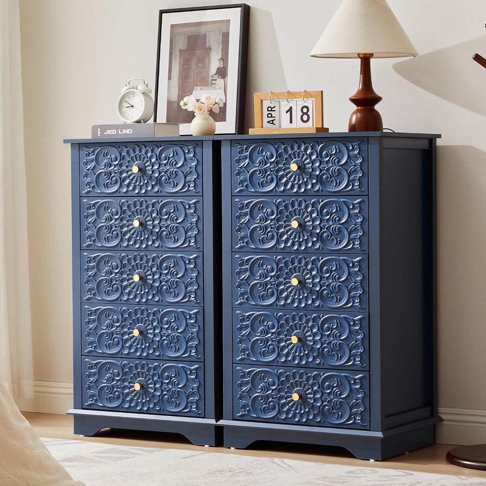 weselon 5 Drawer Dresser for Bedroom, Narrow Chest of Drawers with Floral Fro...