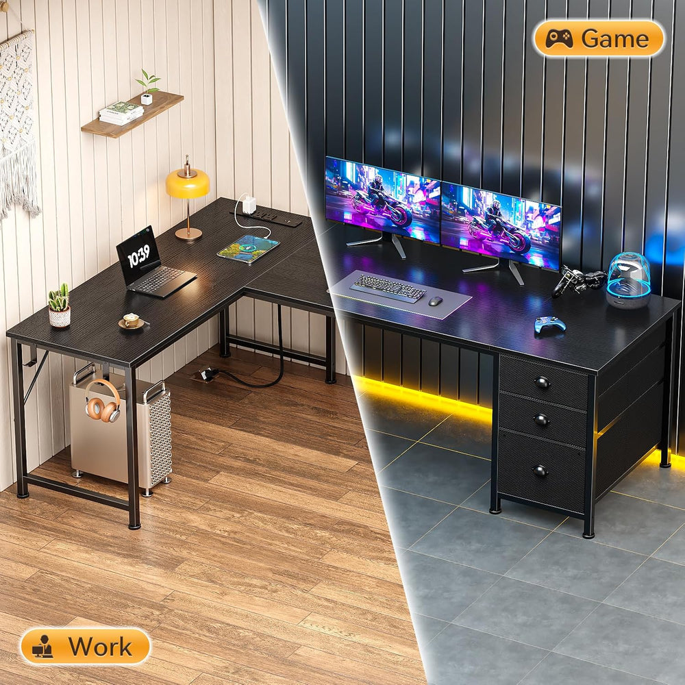Furologee 63" L Shaped Desk, Computer Corner Desk with Outlets, Black