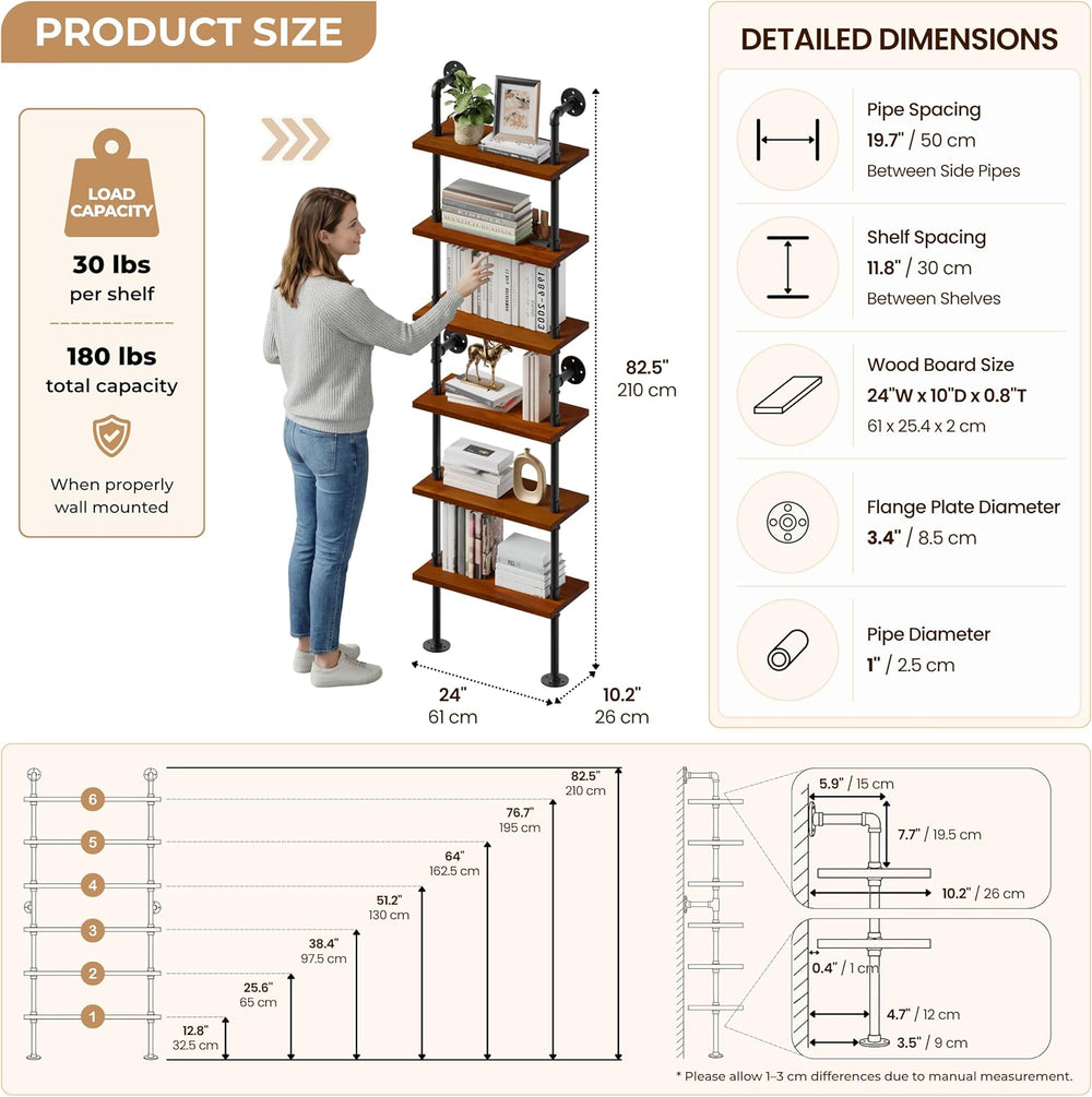 6-Tier LED Ladder Shelf, Wall Mounted Pipe Bookshelf, Walnut Brown 24 Inch