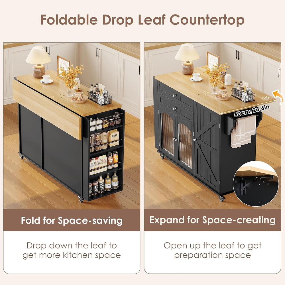 FINETONES 52" Kitchen Island with Storage, Rolling Kitchen Carts on Wheels