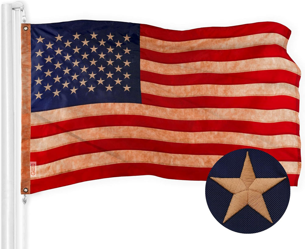 G128 American USA Tea-Stained Flag | 5x8 Ft | ToughWeave Pro Series Embroider...