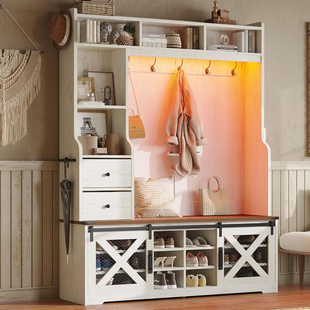 AMERLIFE 75" 7-in-1 Farmhouse Hall Tree with Shoe Bench & LED, Rusti...
