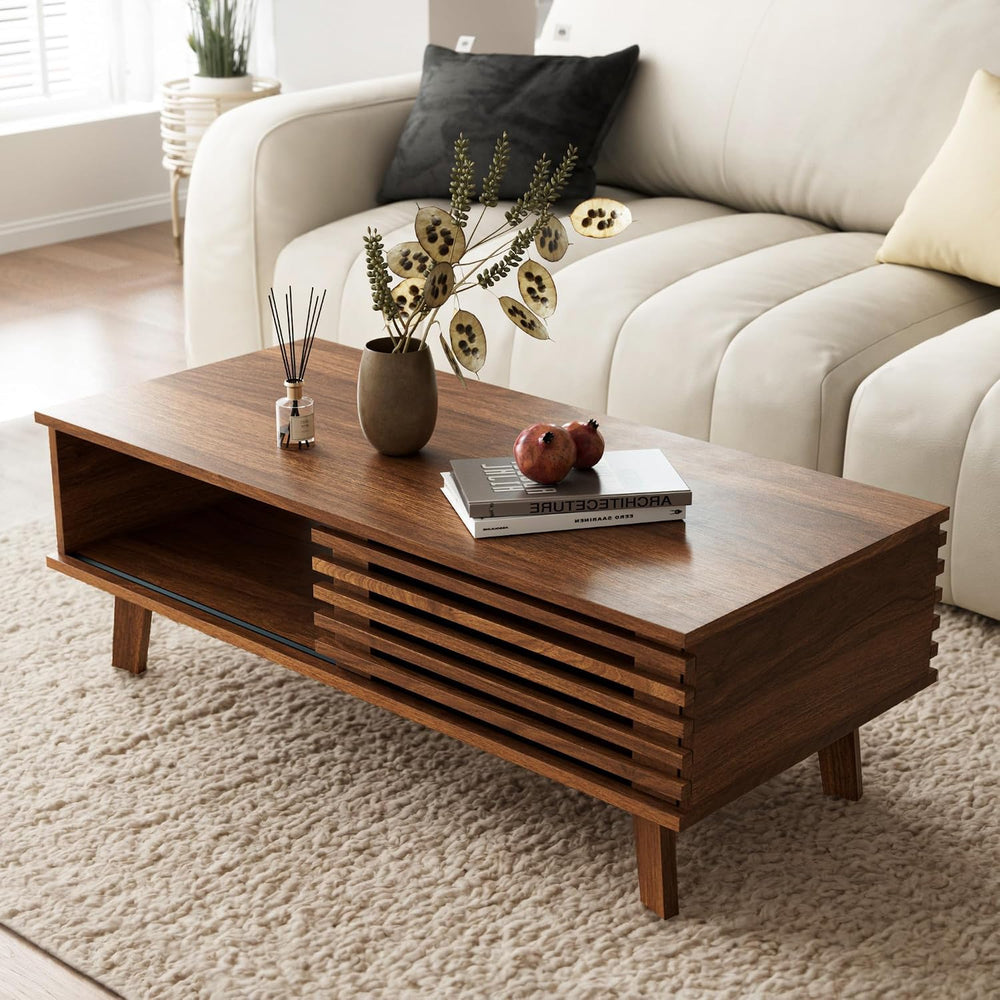 MAISONARIA Mid Century Coffee Table with Storage & Sliding Fence Door, Mo...